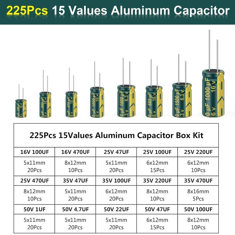 KSOPUERT 15 Value 225 Pieces 1uF-470uF Aluminium Capacitor Box Kit