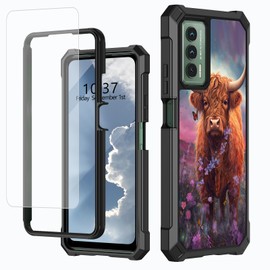 WZCJDHMJ Case for Cricket Outlast,At&t Jetmore Case,with Screen Protector,Dual Layer Structure Protection,Shock-Absorbing Corners TPU Bumper Case for Cricket Outlast-Lavender and Cow