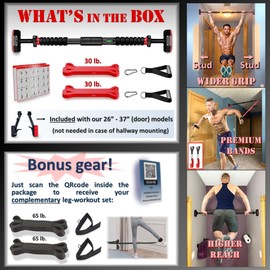IRONSURGE Pull Up Bar for Hallway or Doorway 6-piece Set with Two Attachable Resistance Bands/Handles, Training Manuals, No Screws Chin Up Bar, Max 680lbs, Width options: 26-37", 37-47"; 46-53"
