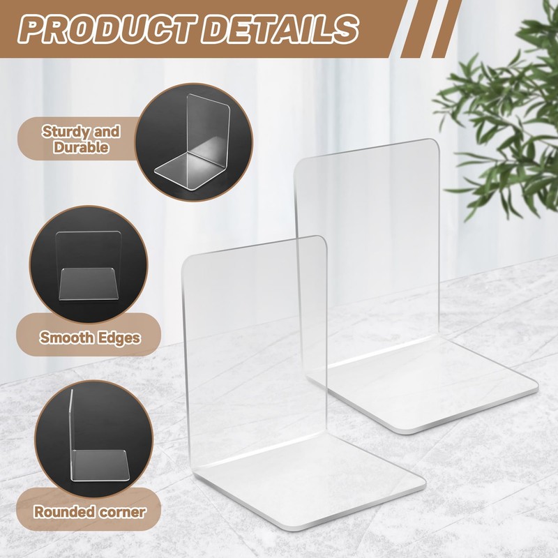 NIZEAMI 8 Pcs Clear Acrylic Bookends Non-Slip Book Ends for