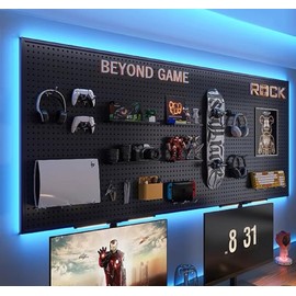 Peg Board with RGB+IC LED Strip Lights,2PCS Metal Pegboard Panels,Heavy Duty Pegboard Gaming Room Wall Organizer with Hooks,DIY RGB Gaming Setup Organizer Peg Board Wall Mounted 12 * 24”