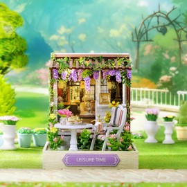 CUTEROOM DIY Miniature House Kit, Wooden Dollhouse Kit Mini House Making Kit with Furnitures and Dust Cover (Leisure Time)