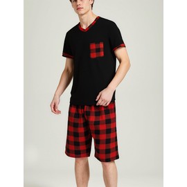 LANBAOSI Mens Short Pyjamas Set V-Neck T-shirt and Plaid Shorts with Pockets Loungewear Breathable and Comfortable Sleepwear Pjs Set Red
