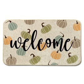 Welcome Fall Pumpkin Front Door Mat Indoor Outdoor Entrance 17x29, Autumn Thanksgiving Washable Non-Slip Rubber Doormat Inside Outside Entrance, Grey Floor Mat for Home Holiday Decor