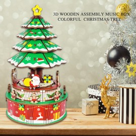Mievayo Christmas Tree Music Box Adult 3D Wooden Jigsaw Puzzle Mechanical Model Toys Table Top Decorative Crafts for Boys and Girls