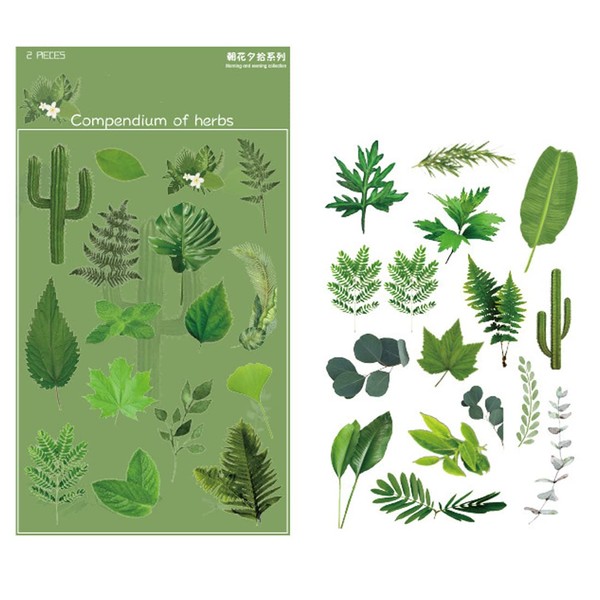 2 Sheets PET Transparent Plant Small Green Leaf Vinyl Stickers