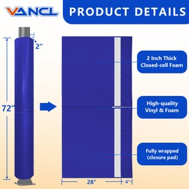 VANCL Heavy Duty Basketball Post Padding – 6FT Protective Wrap Around for Round Poles (4" Diameter) – Garage, Basement, Outdoor Court Safety Pad Blue