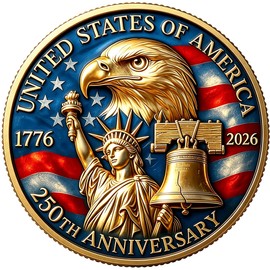 American Commemorative Coin 250th Anniversary Coin, 1776-2026 Eagle Bell Statue Patriotic Symbols Collectible,250 America Merchandise for Celebration,Gift for Veterans History Collectors (Blue)