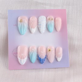 MZCMSL Handmade Nail Tip, Medium, Almond, False Claws, Sea, Marine, Seashells, Ocean, 3D, Plump, Light Blue, Milky White, Mermaid, False Nails, Handmade, Pack of 10, XS