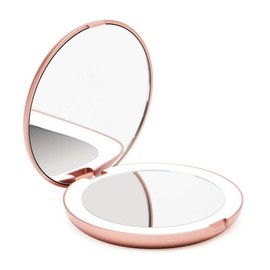 Fancii Espejo de Bolsillo Compacto Iluminado LED para Maquillaje - Aumento de 1X/10X - Gran Espejo Plegable de 127 mm con LED de Iluminación Natural - Portátil para de Viaje (Oro Rosa)