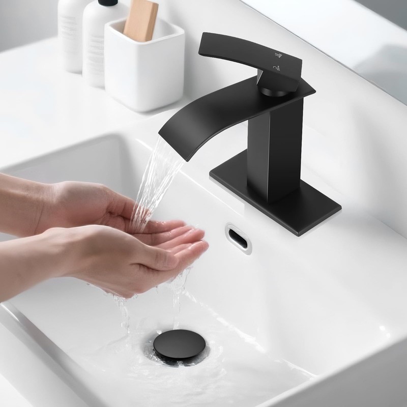 RNDIOZD Matte Black Bathroom Faucets, Waterfall Bathroom Sink Faucet Modern