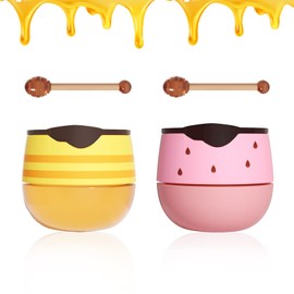 2PCS Bee Lip Balm Honey Pot,Honey Lip Balm With Honey Spoon,Honey Lip Mask Moisturizing Hydrating Prevents Dry and Chapped Lips,Lip Exfoliating Bee Lip Balm（Honey+Strawberry）