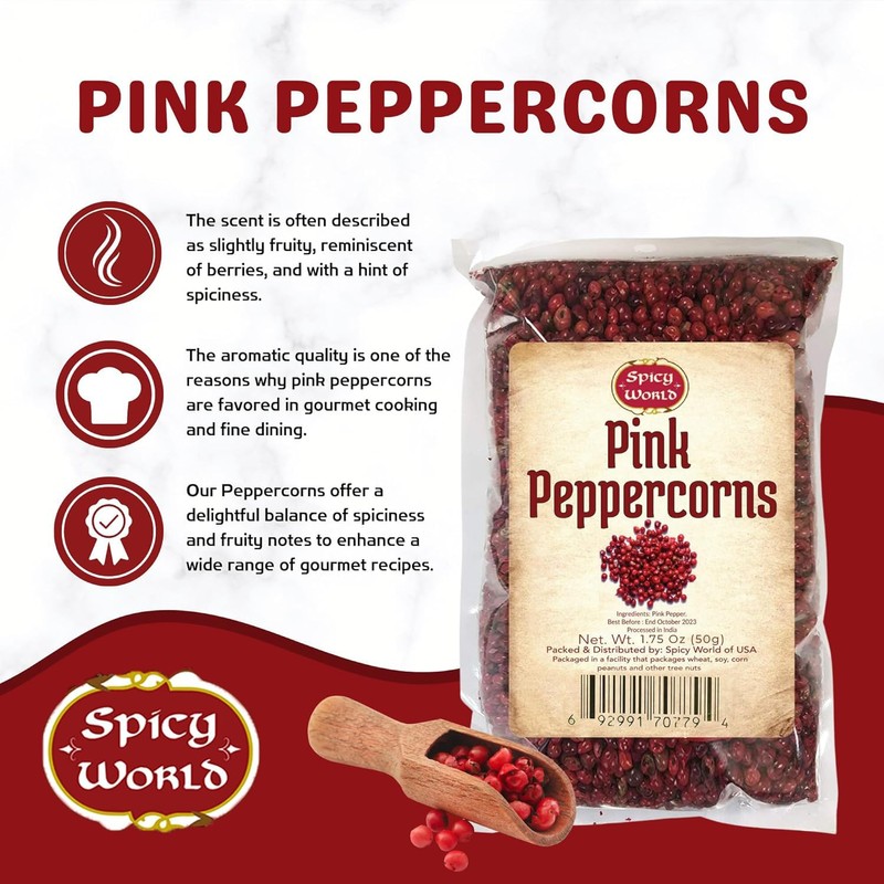 Spicy World Pink Peppercorns Whole 1.75Oz Bag - Steam Sterilized,