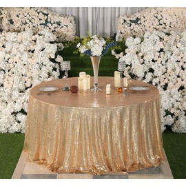 SquarePie Sequin Tablecloth Light Gold 132 Inch Round Sparkly Table Linen for Wedding Birthday Party Christmas