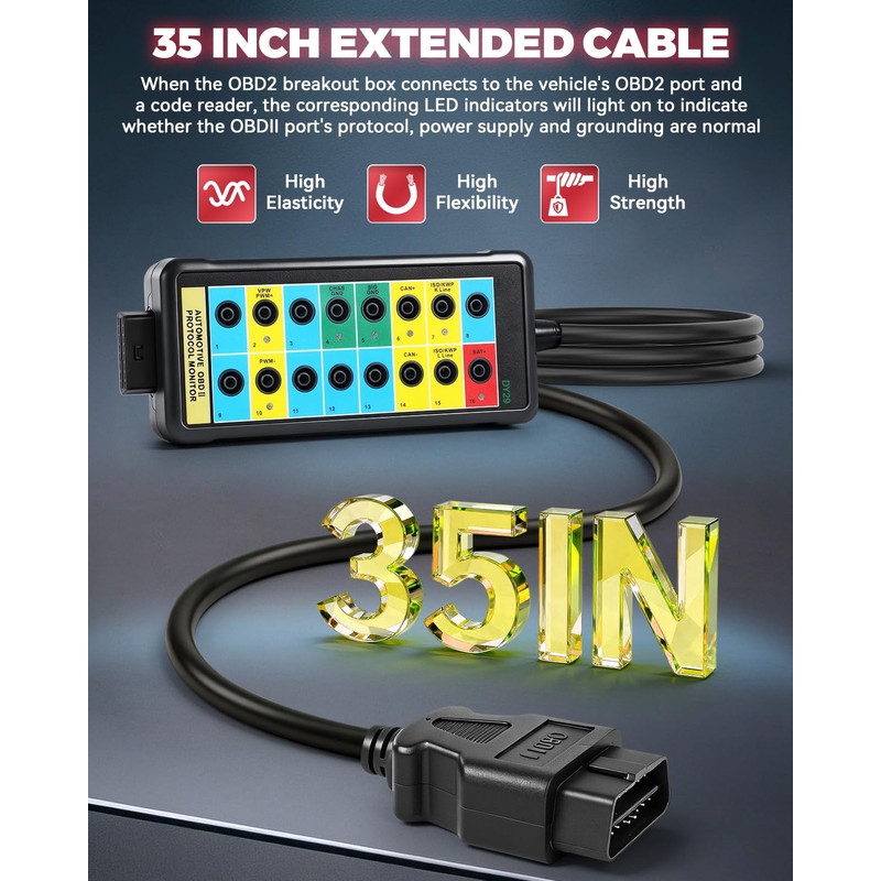 OBD2 Breakout Box, Multi-Protocol Line Detection Supported, Professional 16-Pin OBDII
