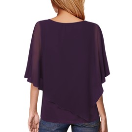 Vafoly Women's Chiffon Loose Batwing Blouse with Short Flutter Sleeves Lightweight Flowing Blouse Crew Neck Double Layer Poncho Tunics, dark purple