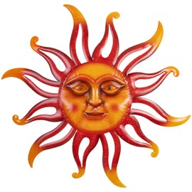 VESTCDF Metal Sun Wall Art Decor 26 inch Outdoor Metal Wall Sculptures for Graden 3D Sun Face Outdoor Art Decor for Living Room Garden Yard Patio(Red)