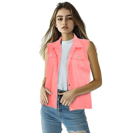 XIOLKI Women's Lapel Blue Denim Vest Buttoned Vest Jacket(XXL,Pink)