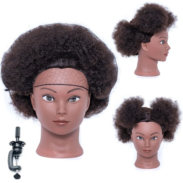 100% Real Hair Doll Head with Human Hair Used to Weave Cosmetic Doll Head Bleach Dyeing Curling Styling Head Hair Training Model Practice Head (8 Inch Curly Hair)