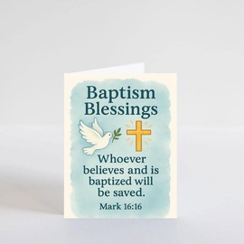 PICTURE THIS PRINTS Mark 16:16 Bible Verse Baptism Card, Christian Baptism Blessings Greeting Card, Religious Scripture with Dove and Cross, Christening Blessings, Comes with Envelope (5x7”)