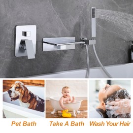 COXOVAY Wall Mounted Bathtub Faucet with Handheld Shower Waterfall Bathroom Single Handle Tub Filler Shower Faucet Set Bathtub Faucets with Handheld Sprayer, Chrome Polished