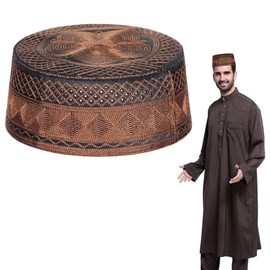 XGOPTS Men's Muslim Prayer Kufi Hat Islamic Prayer Beanie Skull Cap with Embroidery Arab Turkish Headwear Kofi Round Eid Cap Dark Brown