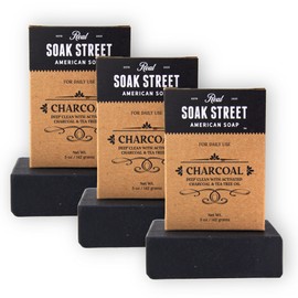 Soak Street Real American Soap with Activated Charcoal & Tea Tree Oil (3 Pack) – Long-Lasting, Moisturizing Natural Bar Soap with Grass Fed Tallow, Gentle Conditioning Lard, & Coconut Oil – Daily Use