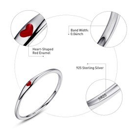 Bonlavie 925 Sterling Silver Rings for Women Simple Heart Ring with Red Enamel Wedding Band Stackable Promise Ring for Her Size S
