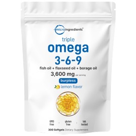 Triple Strength Omega 3 6 9, 3600 mg por porción, 300 unidades, tecnología de revestimiento entérico sin arbustos, peces oceánicos profundos,...      