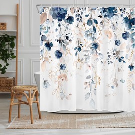 YRWSU Watercolor Floral Shower Curtain, Simple Blue Floral Print Bathroom Curtain, Spring Vacation Bathroom Shower, Machine Washable Waterproof Fabric Shower Curtain Set with Hooks, 72 x 72 Inches​