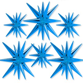 PartyWoo Royal Blue Star Balloons 6 pcs, One-Piece 14-Pointed Starburst Balloons, 27 & 22 inch Star Explosion Balloons with Ribbon, Point Star Foil Balloons, Large Mylar Balloons for Party Decorations