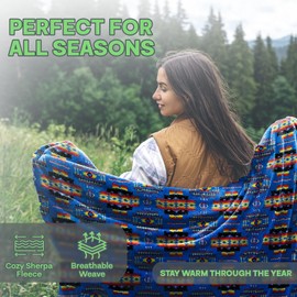 Sacred Thread Fleece Blanket 87"x95" South Western, Reversible Mexican, Vibrant Aztec Blankets and Throws for Aztec Decor for Home, Native American Big Floral Boho Blanket, Sherpa Blue King