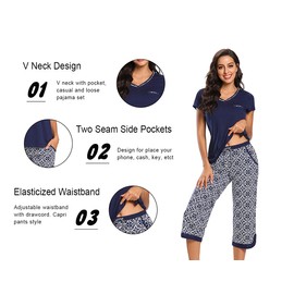 IZZY + TOBY Women Cotton Pajamas Set with Capri Pant Soft Pjs Sleepwear Sets Short Sleeve Loungewear Print navy S
