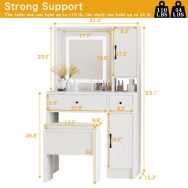 PROXRACER Makeup Vanity Desk Set with Mirror and Lights Stool Compact Dressing Table Storage Space Drawers Shelves 3 Lighting Modes for Bedroom or Dorm Room White