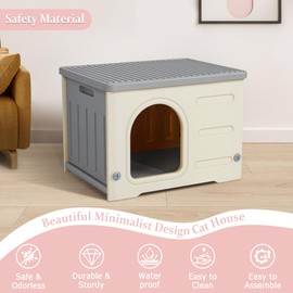 Deblue Plastic Cat House for Indoor Outdoor, Weatherproof Outside Cat House for Feral Cats, Unique Cat Shelter for Small Pet, Spacious, Easy to Assemble - Grey