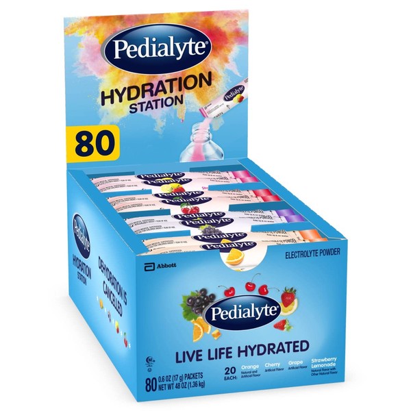 Pedialyte Hydration Station Multipack, Electrolyte Hydration Drink, 0.6-oz Electrolyte Powder Packets, 80 Count