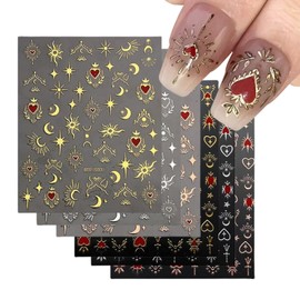 Nail Stickers, Set of 12, 3D, Cute, Heart, Star, Moon, Sun, Nail Parts, Stick, Stylish, Nail Sticker, Gel Nail Art, Decorative Parts, Valentine's Day, Christmas (Gold + Silver)