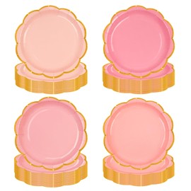 EVYIENEN 48pcs Dusty Pink Party Plates,7inch Disposable Gold Foil Gradient Color Scalloped Dessert Paper Plate for Party Bridal Baby Girl Shower Graduation Wedding Supplies