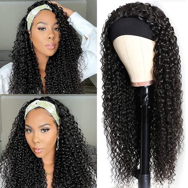 BLACKMOON HAIR Headband Wigs Human Hair for Black Women Curly Human Hair Glueless Virgin Brazilian Hair No Lace Front Wig Machine Made 150% Density (20 inch Headband Wig)