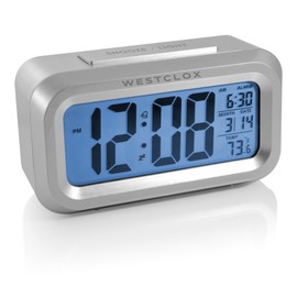 Westclox Alarm Clock with Large Digital Display and Blue Backlight on Demand, Westclox Alarm Clock, Month/Date and Temperature Display with Ascending 5 Minute Snooze Alarm, Silver