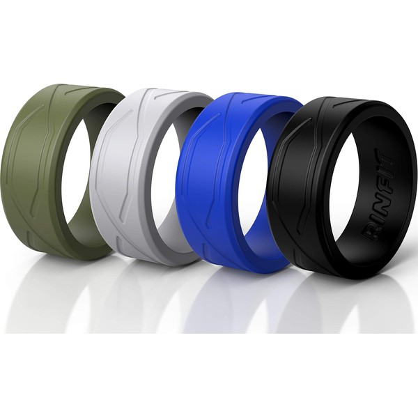 Rinfit Silicone Wedding Rings for Men - 4 Pack - Comfortable Durable Wedding Ring Replacement - U.S. Design Patent (Green, Gray, Blue, Black, 11)