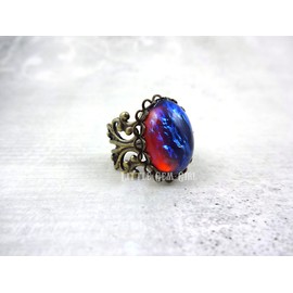 Little Gem Girl Vintage Style Antique Bronze Filigree Adjustable Ring with Synthetic Mexican Opal Cabochon, 8x13mm, Jewelry for Adult Women