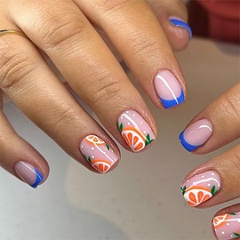 Short Press on Nails Blue French Tip Fake Nails with Orange Designs Square Acrylic Nails Press on Summer False Nails Glossy Nude Glue on Nails Full Cover Stick on Nails for Women Girls 24Pcs