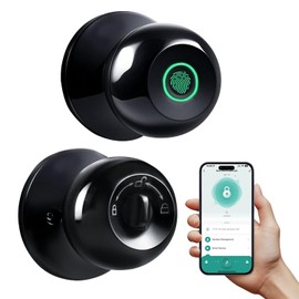 SISAV Smart Fingerprint Door Lock with App Control & Key, Double-Tap Auto-Lock, Biometric Door Knob for Bedroom, Apartment, Office, Hotel, Garage - Black