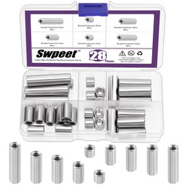 Swpeet 28Pcs 5 Sizes Metric M6 X 1.0-Pitch X 8mm/15mm/25mm/30mm/40mm Length 304 Stainless Steel Round Connector Nuts Coupling Nuts Assortment Kit, Female Thread for Camera Pan, Lamp Bracket