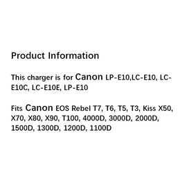 AC/DC Wall Camera Charger for LP-E10, LC-E10, LC-E10C, LC-E10E, LP-E10, Fits EOS T7, T6, T5, T3, Kiss X50, X70, X80, X90, T100, 4000D, 3000D, 2000D, 1500D, 1300D, 1200D, 1100D