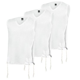 Pack of 3 Adults Tzitzit T-Shirt-100% Cotton V Neck Tallit Katan Chabad Meyuchad Thin Strings Undershirt, Kosher Premium Quality Size XXL White