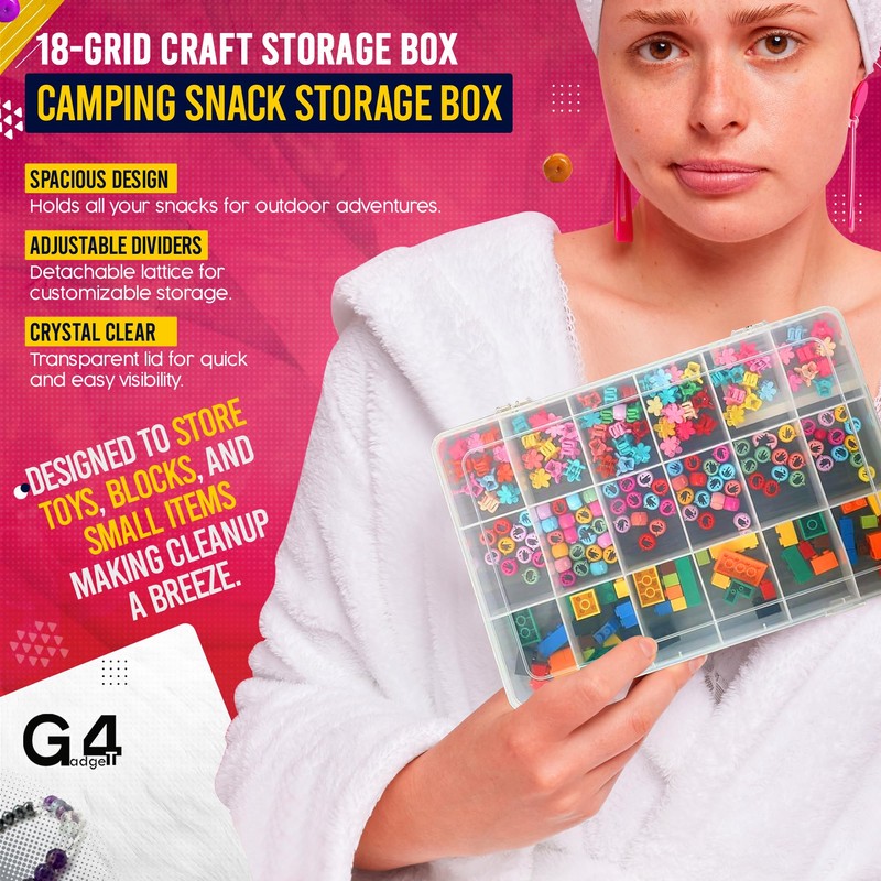 G4GADGET 18-Grid Clear Plastic Storage Box – Stackable Organizer for