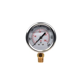 Glycerine Filled Pressure Gauges: 2 1/2’’ Diameter, 0-3000 PSI, Stainless Steel Case, Plexiglass Crystal, Dial is Aluminum, Bottom Connection 1/4'' NPT Brass, 221565