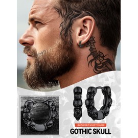 Solid Stainless Steel 3 Skull Huggie Hoop Earrings for Men Women Black Rock Skeleton Piercing Earrings